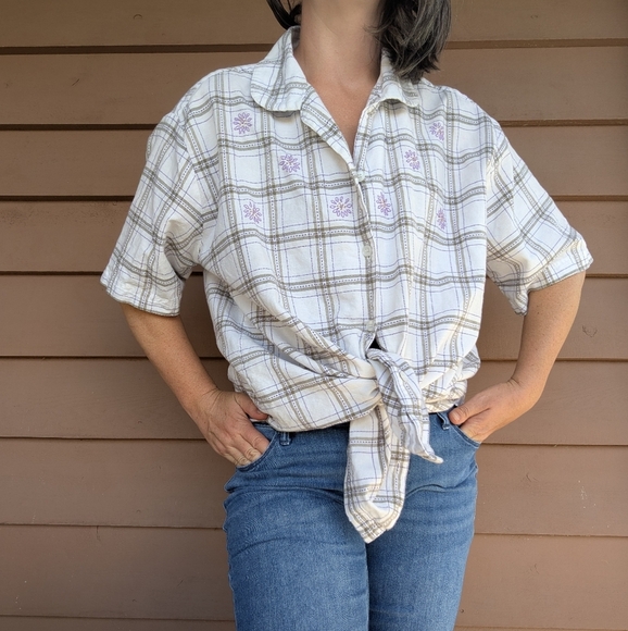 22W/24W Vintage 90s Plaid Embroidered Button-Up Shirt Boho Western Cottagecore - Picture 2 of 11